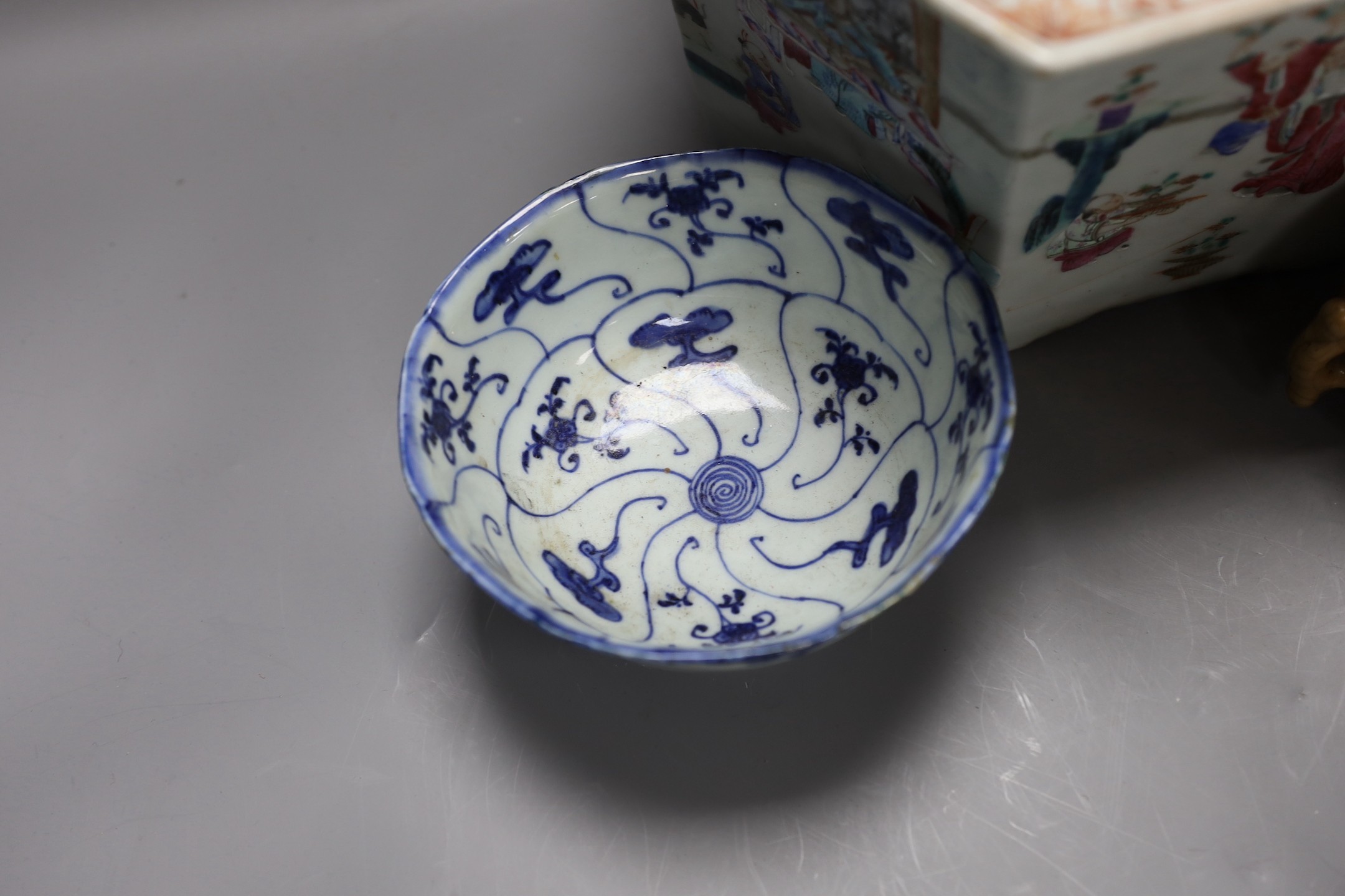 A 19th century Chinese famille rose planter, a jar and cover, two bowls and a crackle ware censer and wood cover, plater 16 cms high